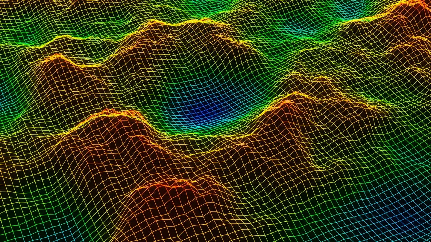 Digital terrain model: a wireframe elevation mesh shaded from low (blue) to high (red) ground